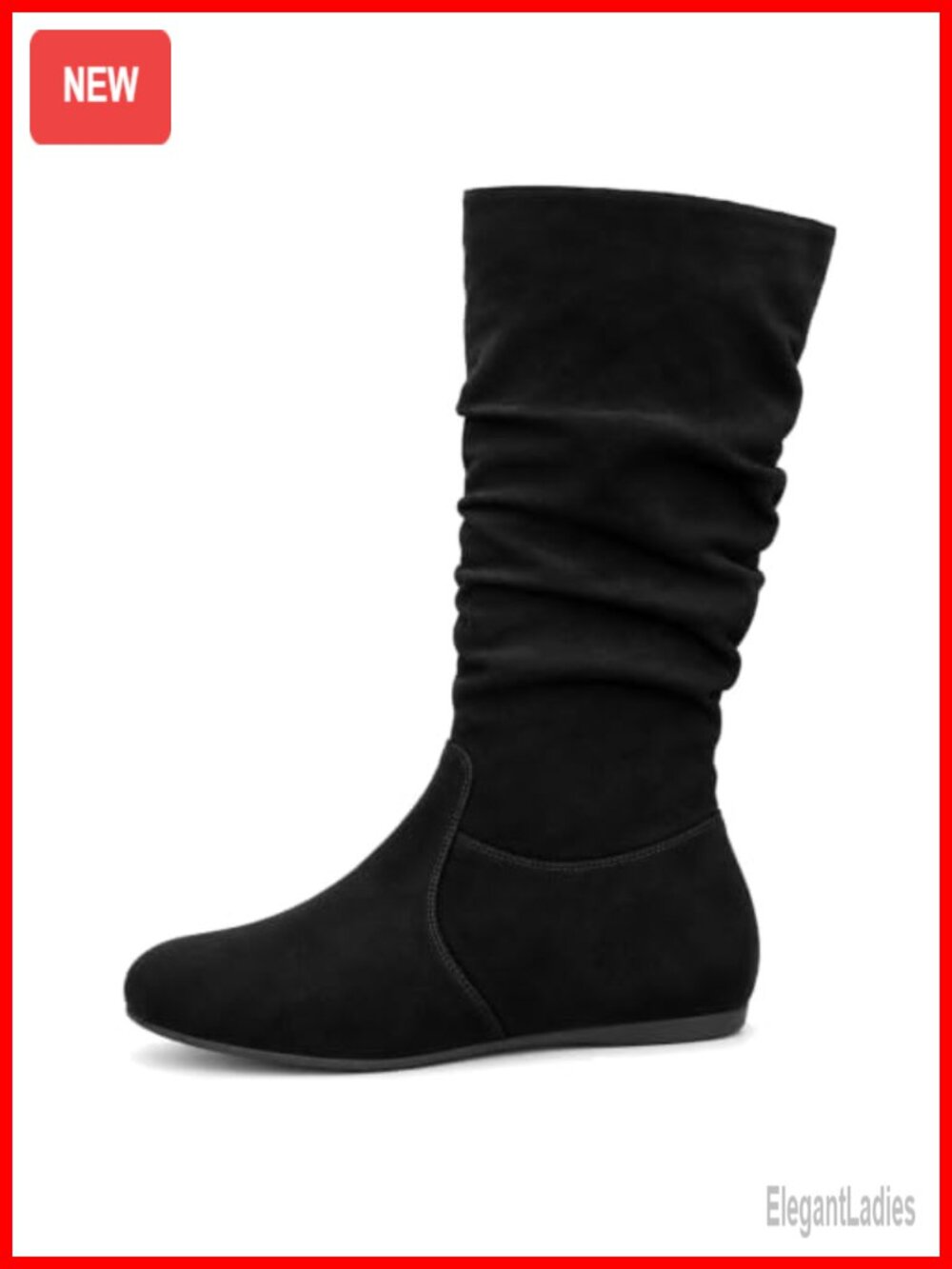 Womens Slouchy Mid-Calf Faux Leather Flat Boots with Inside Zipper